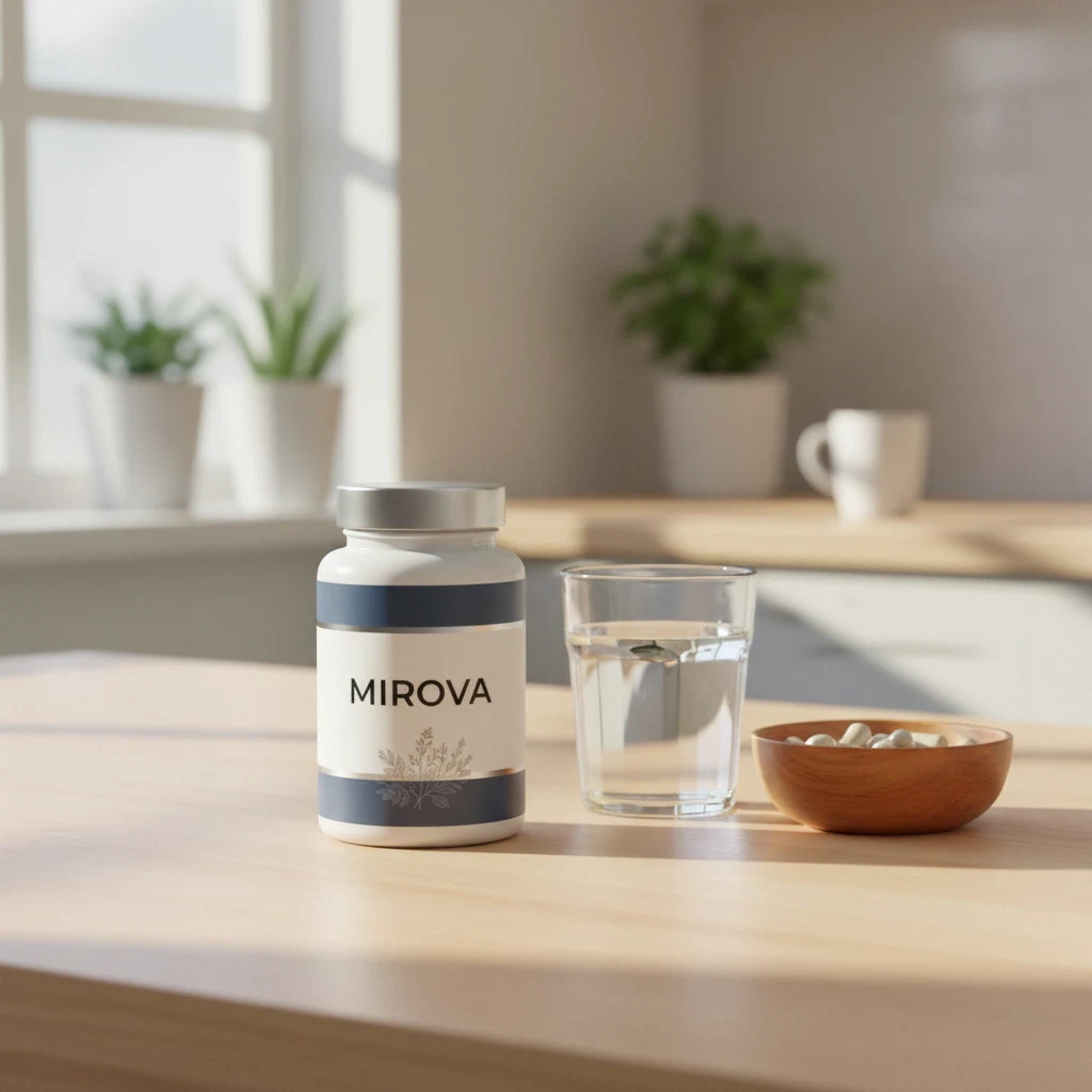 Mirova glasburk med trälock på ett ljust köksbord bredvid ett glas vatten och mandlar